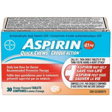 Aspirin 81mg Quick Chews Daily Low Dose Orange Flavoured 30 Tablets