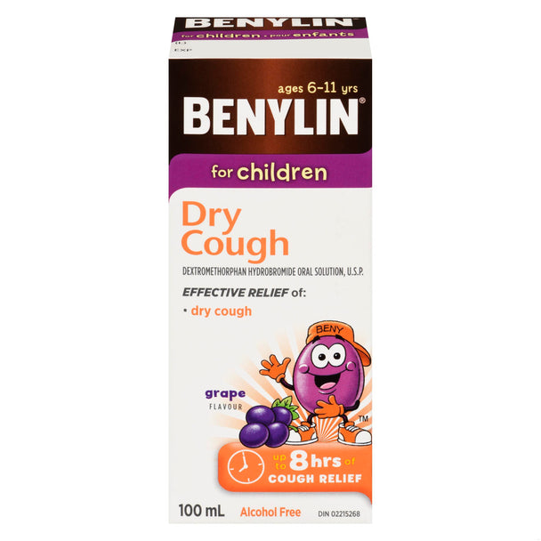 An image of BENYLIN SYR DM CHILDREN DRY COUGH GRAPE 100ML by  Johnson & Johnson Inc. OTC